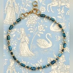 Genuine Blue Apatite Stones & Gold Beads In Round Choker Necklace